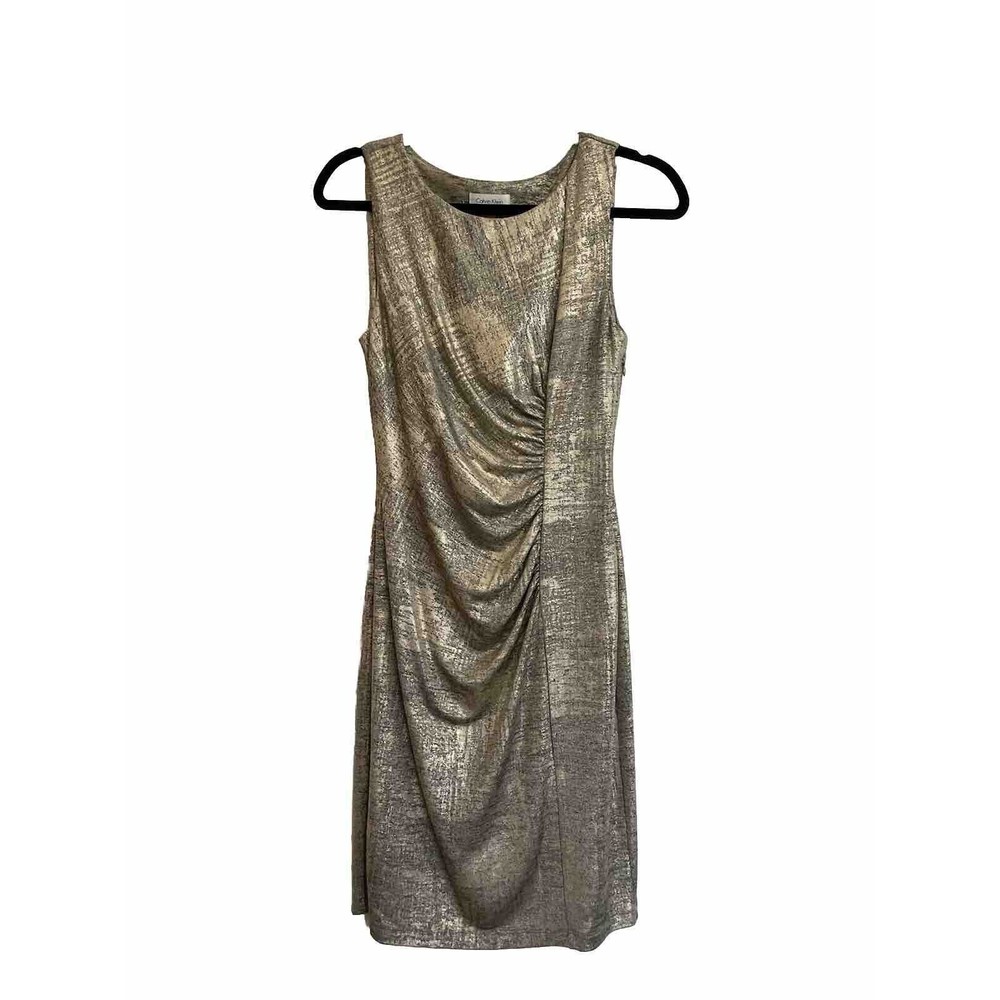 Calvin Klein Sz 4 Gold & Gray Metallic Shimmer Bodycon Dress Asymmetric Ruched